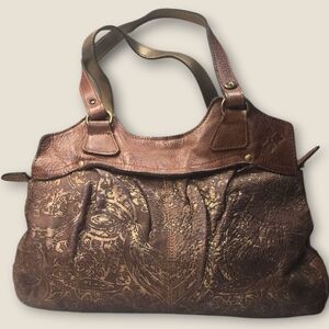 Patricia Nash Napoli Brown Handbag Bag Satchel Gold Etched Leather Large Hobo
